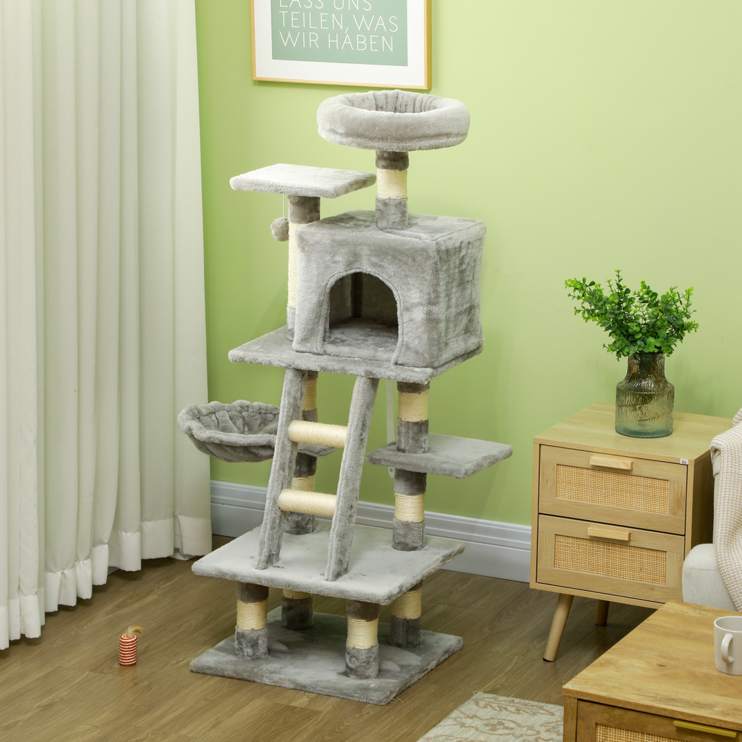 PawHut 132cm Multi-Activity Cat Tree w/ House Baskets Ladder Scratch Post Grey