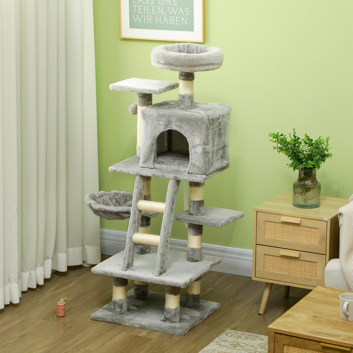PawHut 132cm Multi-Activity Cat Tree w/ House Baskets Ladder Scratch Post Grey