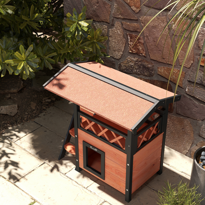 PawHut Outdoor Cat House with Balcony, Stairs & Weatherproof Roof – Brown