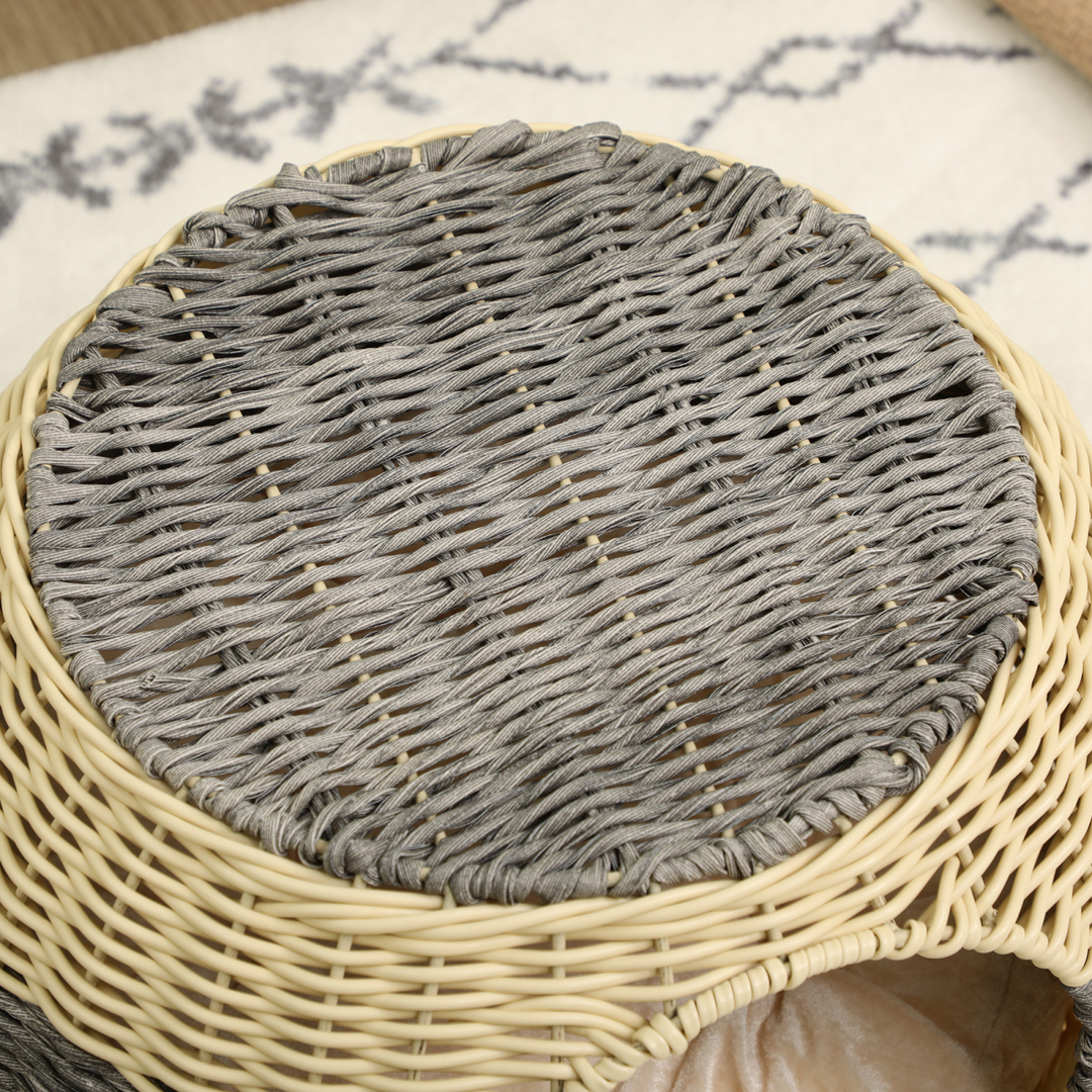PawHut Wicker Cat House, Rattan Raised Cat Bed with Soft Cushion – Compact Design