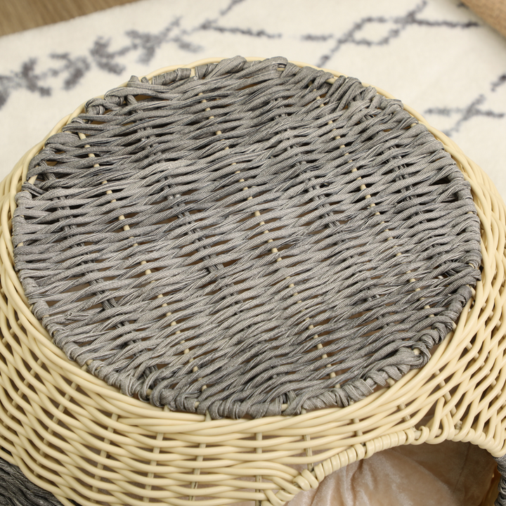 PawHut Wicker Cat House, Rattan Raised Cat Bed with Soft Cushion – Compact Design
