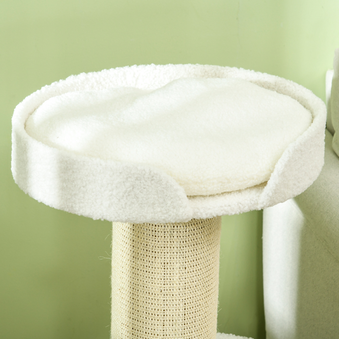 PawHut 2-Tier Cat Tree: Plush Basket & Sisal Scratch Post - Cream White