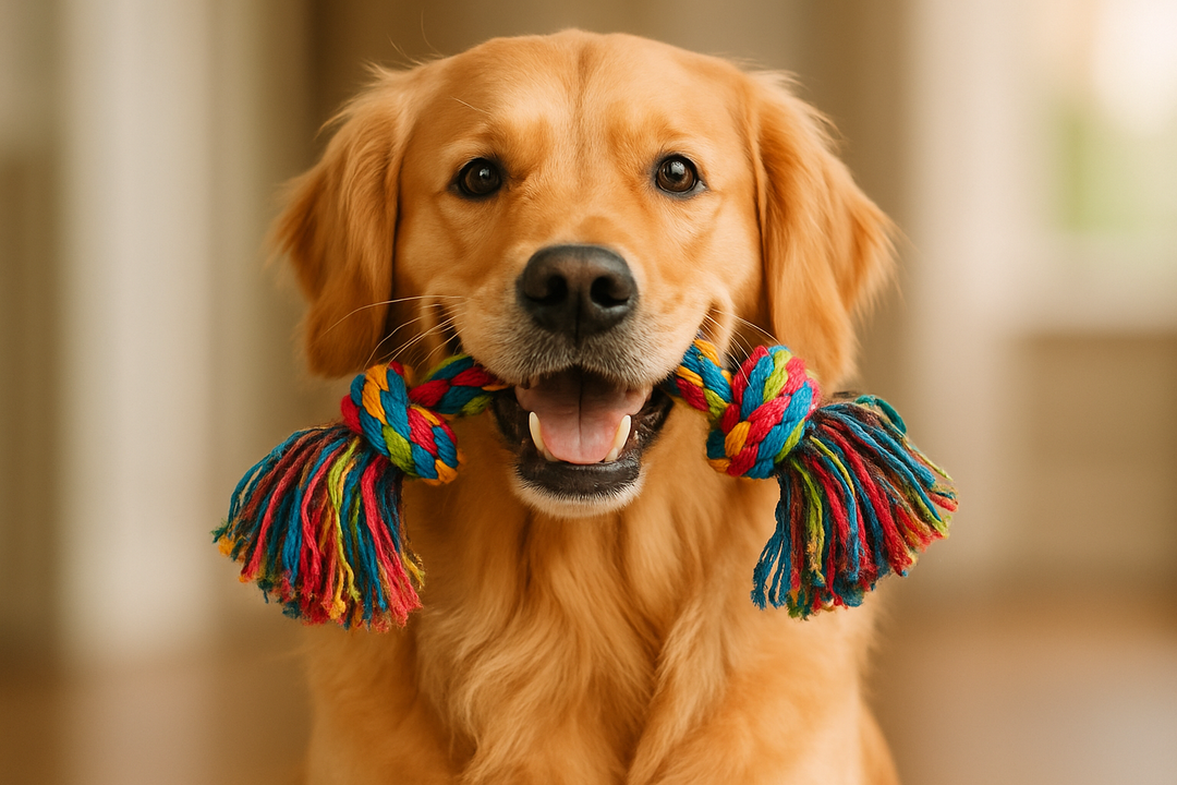 Clear photo of a happy dog sitting with a toy in his mouth looking directly at you.