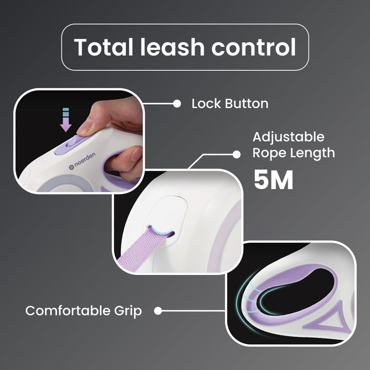 Flexi Leash LED Retractable Dog Lead (5m) with Touch-Control Lights | Purple