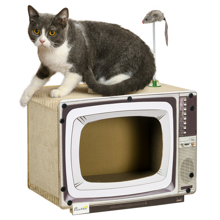 PawHut TV Cat House: Ultimate Scratcher with Catnip & Toy Rat for Feline Fun!