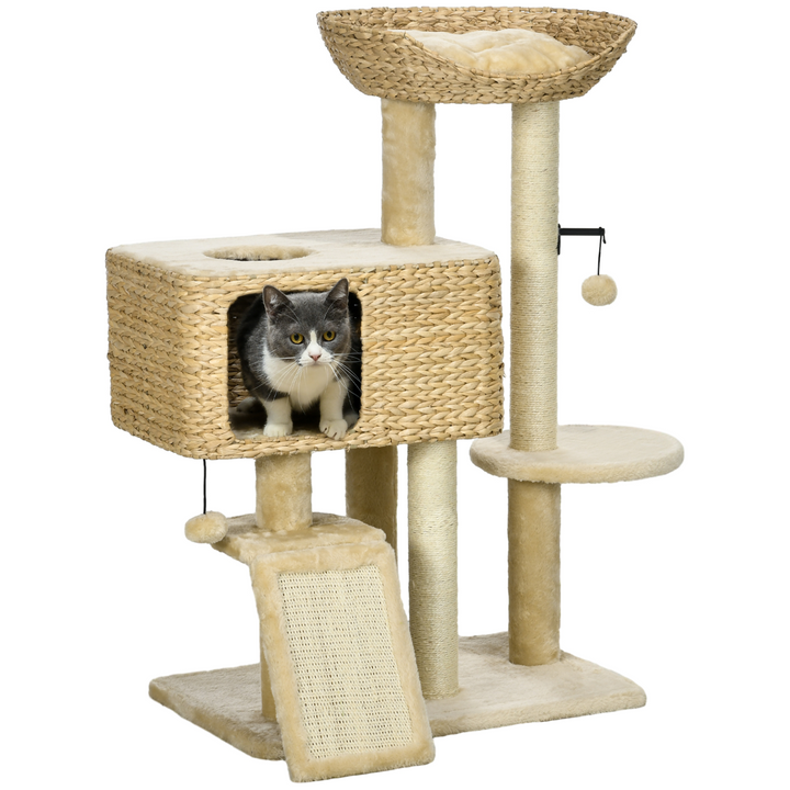 PawHut 95cm Cat Tree – Cozy Climbing Tower with Scratching Post & Play Ball (Beige)