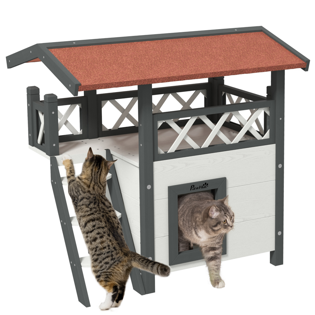 PawHut Outdoor Cat House with Balcony, Stairs & Weatherproof Roof – White