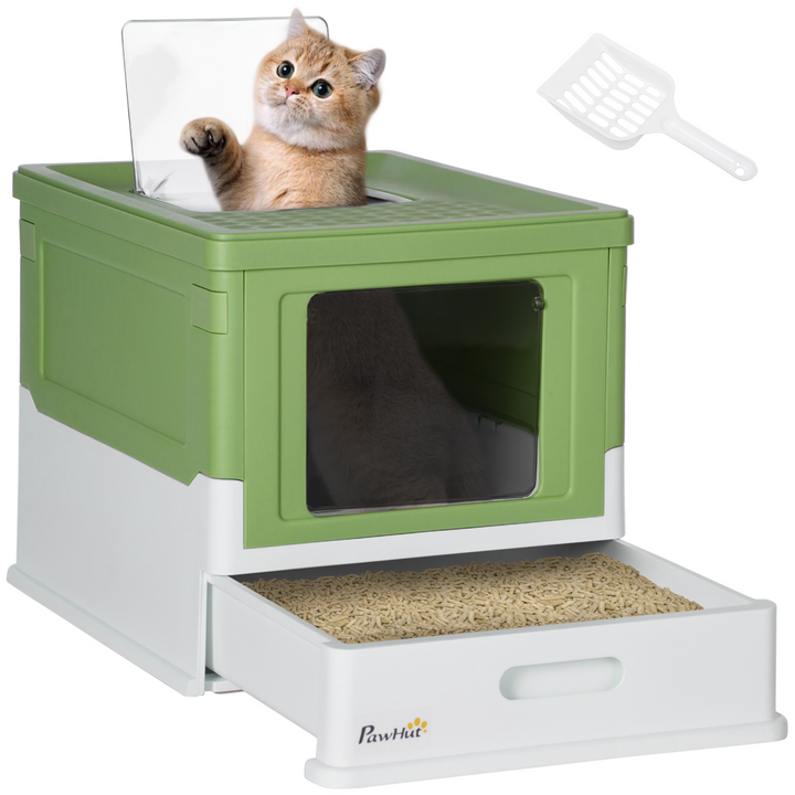 PawHut Deluxe Hooded Cat Litter Box with Top Exit, Removable Tray &amp; Scoop – Lime Green &amp; White.