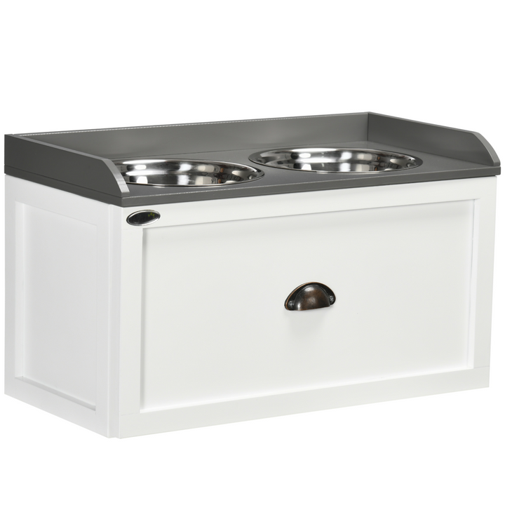PawHut Elevated Dog Bowls with 21L Storage Drawer &amp; 2 Stainless Steel Bowls – White &amp; Grey (60cm)