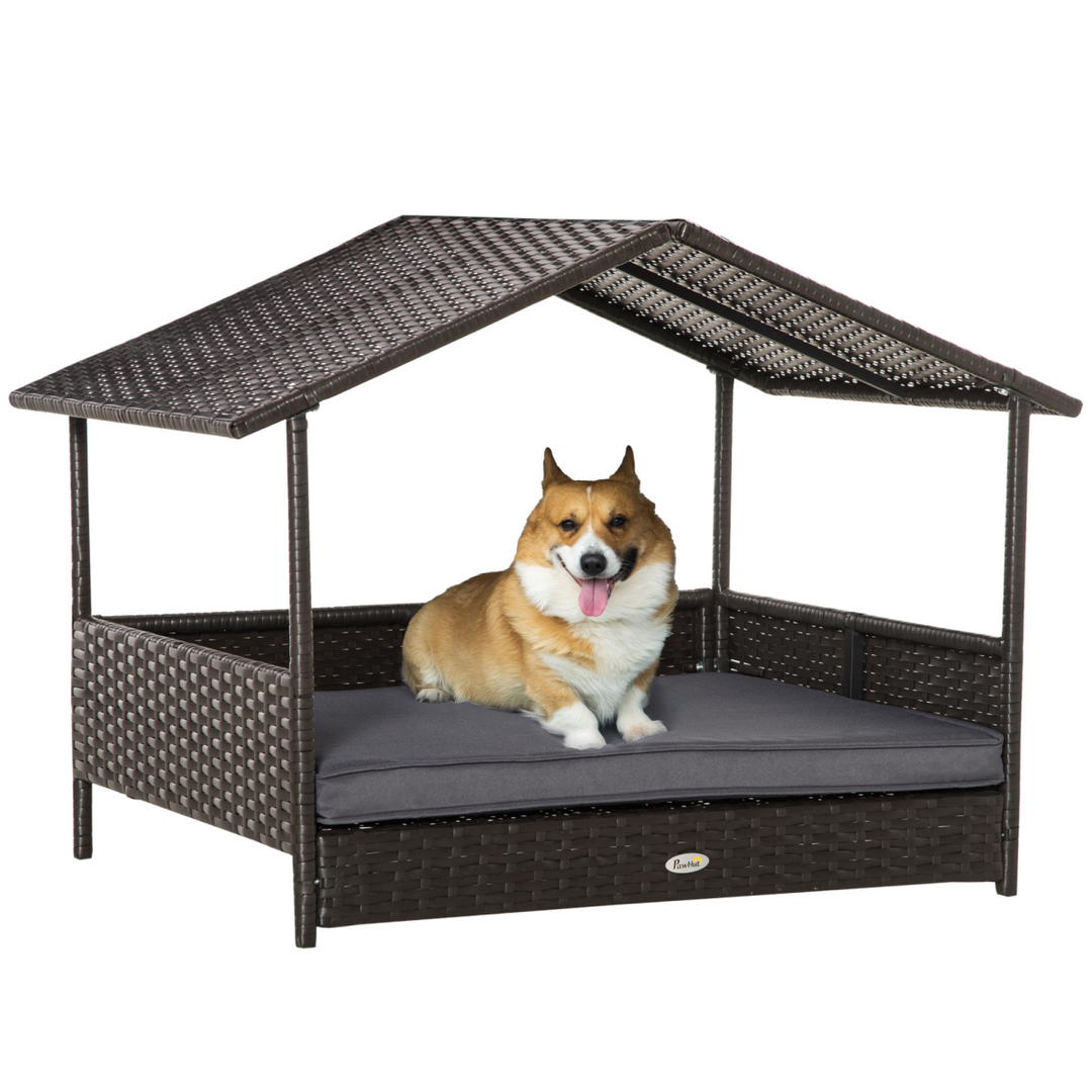 PawHut Grey Wicker Dog House - Cozy Rattan Bed with Soft Cushion & Canopy