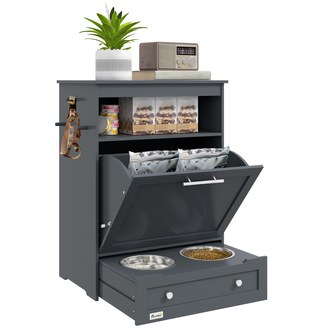 PawHut Pet Feeder Station with Storage Cabinet, Open Compartment, Side Hooks &amp; 2 Bowls – Grey (82cm