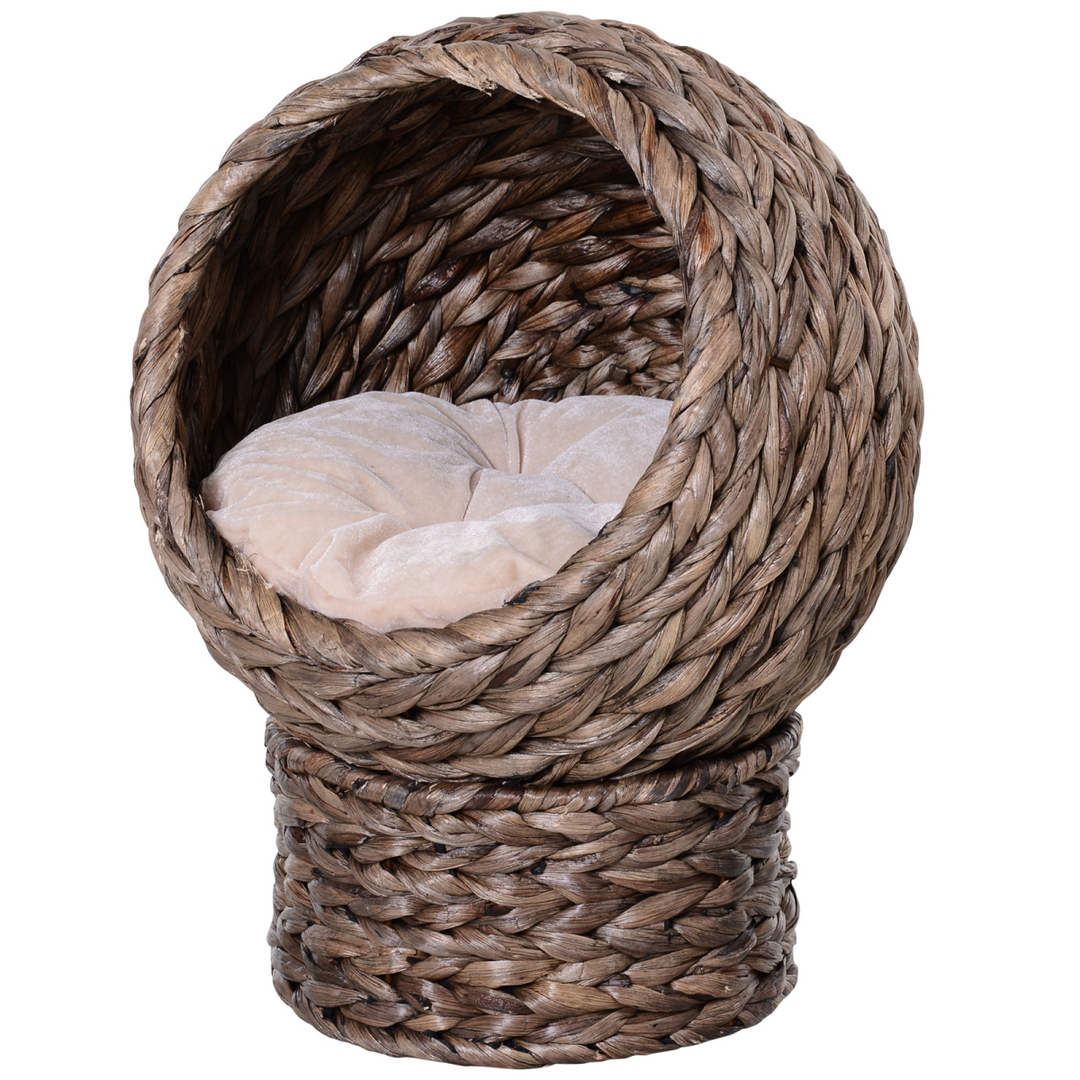 PawHut Wicker Cat House, Raised Cat Bed with Cylindrical Base – Dark Brown
