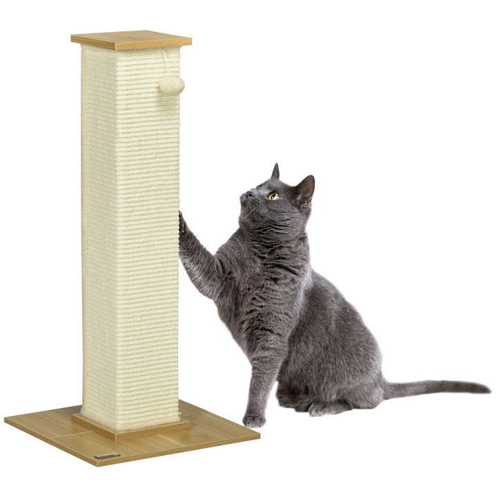Deluxe 80cm Sisal Cat Scratching Post with Hanging Toy Ball – White Sturdy Cat Climbing Tower