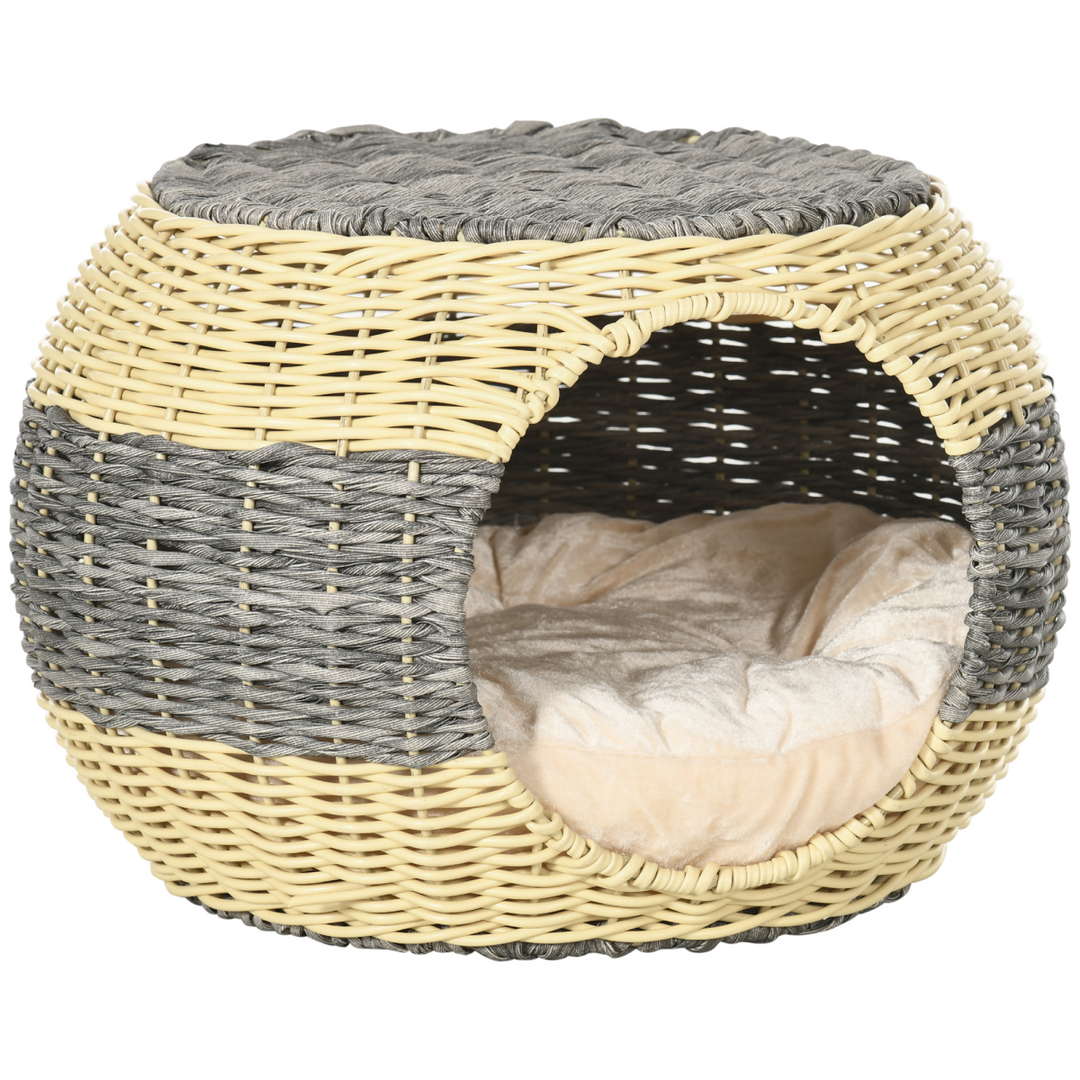 PawHut Wicker Cat House, Rattan Raised Cat Bed with Soft Cushion – Compact Design