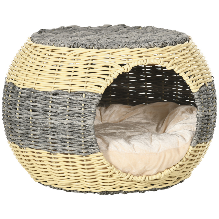 PawHut Wicker Cat House, Rattan Raised Cat Bed with Soft Cushion – Compact Design