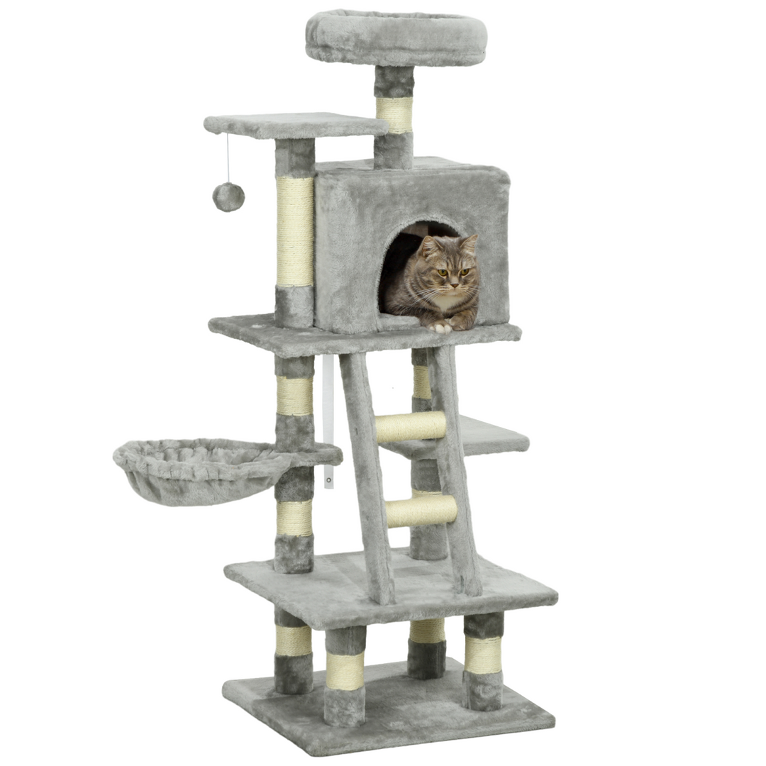PawHut 132cm Multi-Activity Cat Tree w/ House Baskets Ladder Scratch Post Grey