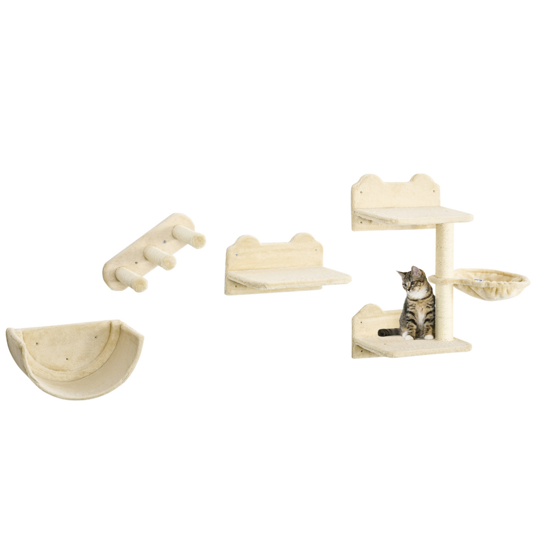 PawHut 4-Piece Wall-Mounted Cat Tree Set with Hammock, Nest & Scratching Post – Beige
