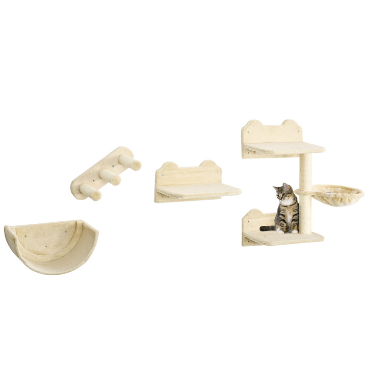 PawHut 4-Piece Wall-Mounted Cat Tree Set with Hammock, Nest & Scratching Post – Beige