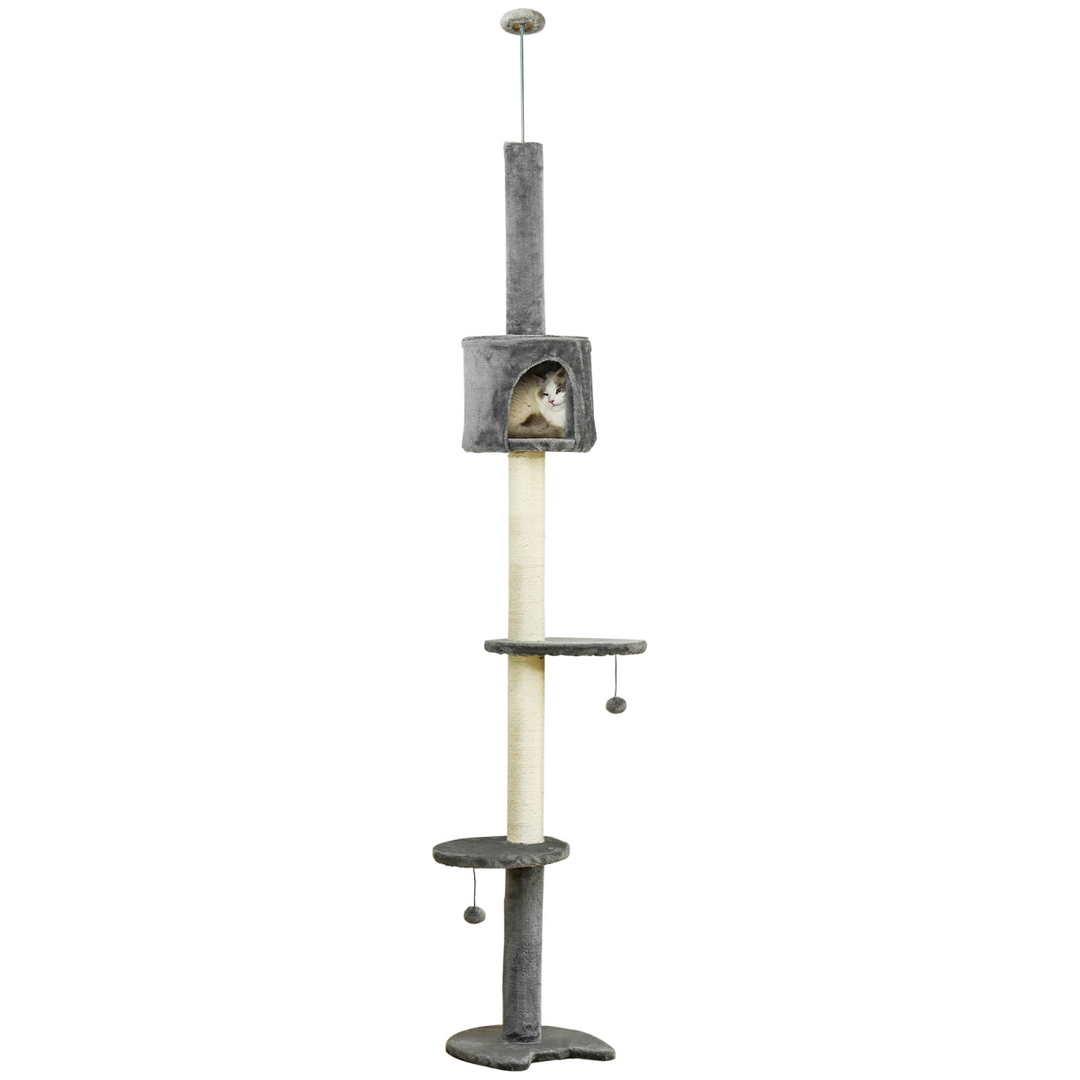 Multi-Level Light Grey Cat Tree with Scratch Post & Fun Play Features