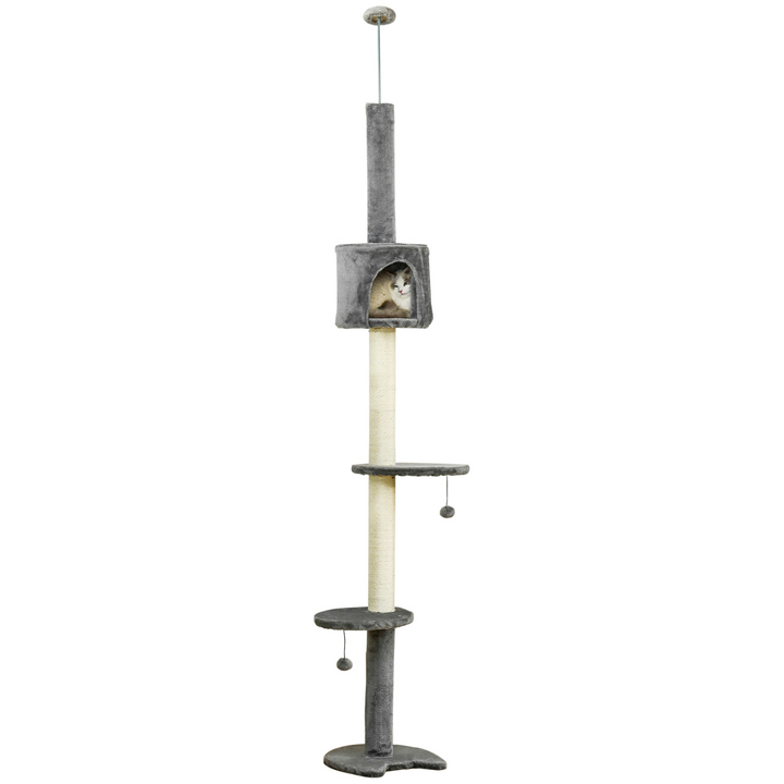 Multi-Level Light Grey Cat Tree with Scratch Post & Fun Play Features