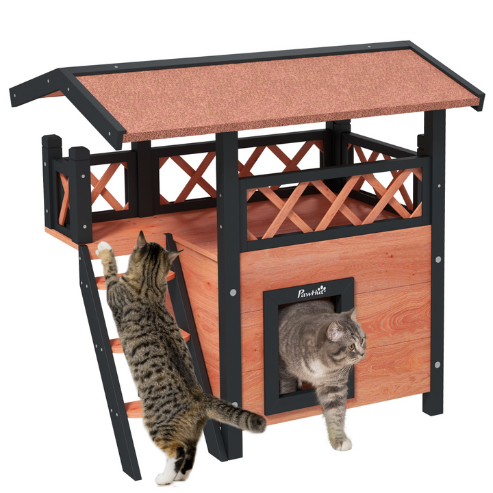 PawHut Outdoor Cat House with Balcony, Stairs & Weatherproof Roof – Brown