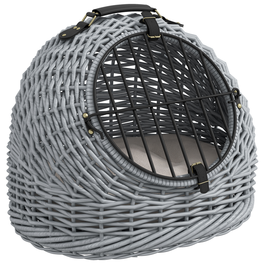 Wicker Cat Basket W/ Mat Handle Kitten Pussy Enclosed Bed Portable - Grey