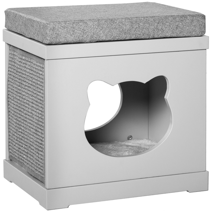 PawHut Cat House Bed with Cushion & Sisal Scratching Pads – Grey Indoor Cat Cube