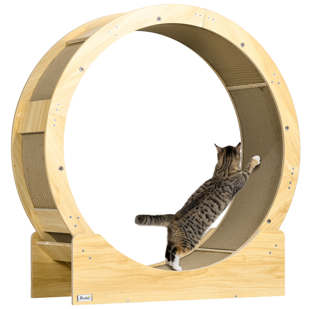 PawHut Cat Exercise Wheel with Safety Brake & Replaceable Scratch Pads – Wooden Cat Running Wheel for Fitness and Fun