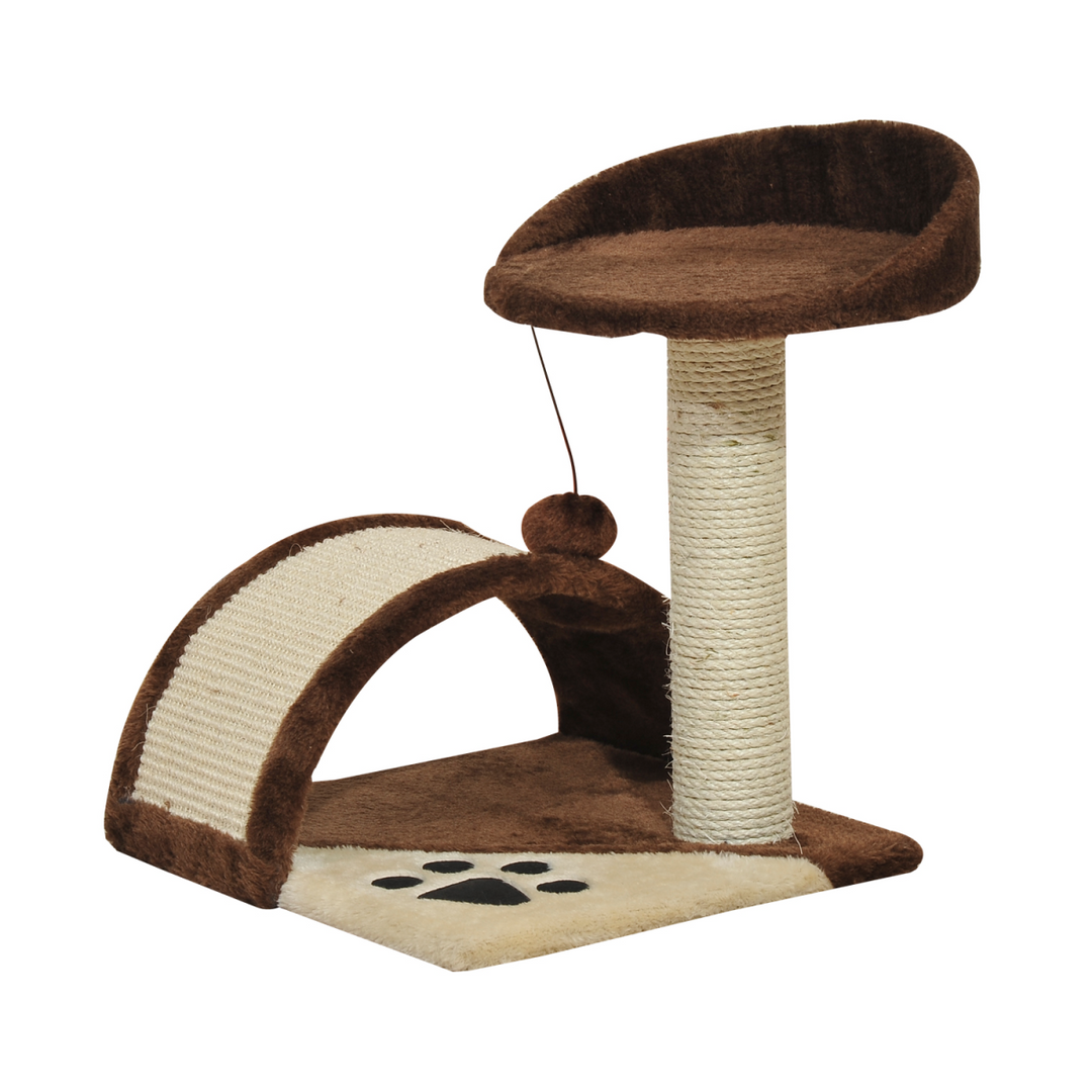 PawHut Cozy Cat Tree with Sisal Scratching Posts – Brown Multi-Level Cat Tower with Curved Board & Teasing Ball