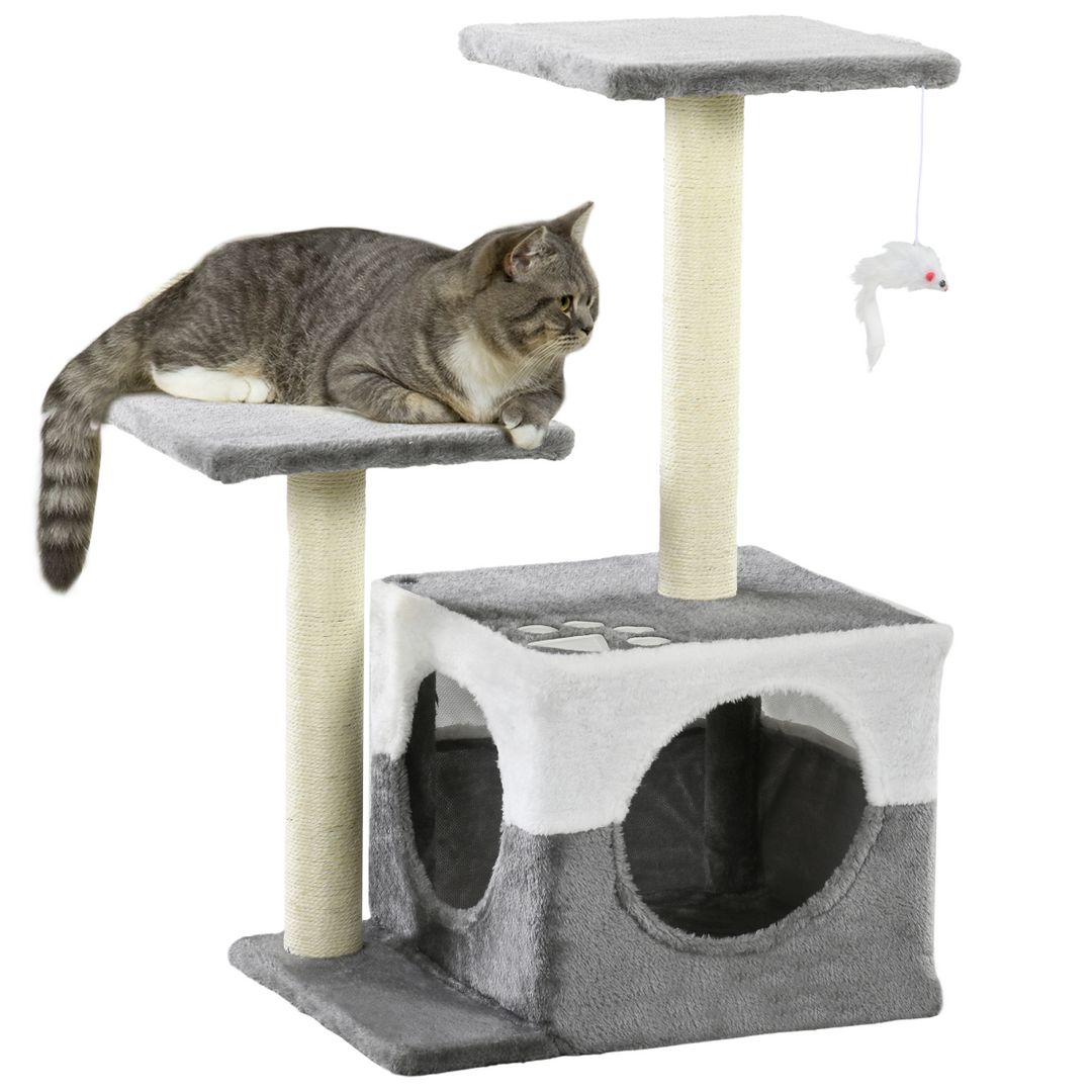 PawHut Luxury Cat Tree with Sisal Scratching Posts & Cozy Hideaway - Grey