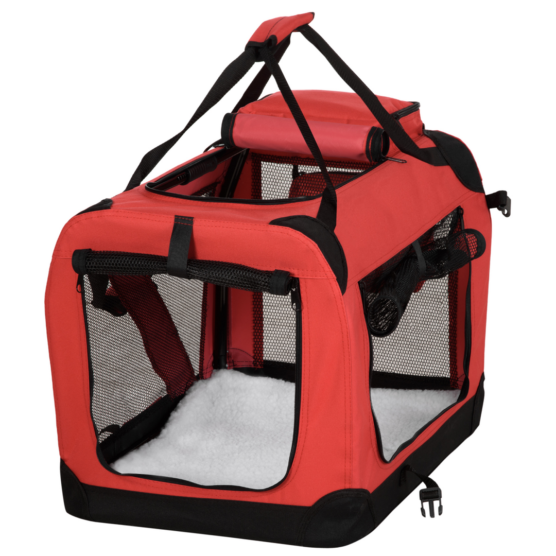 PawHut Folding Pet Carrier Bag, Soft Portable Travel Crate with Washable Bed – Red (60 × 42 × 42cm)