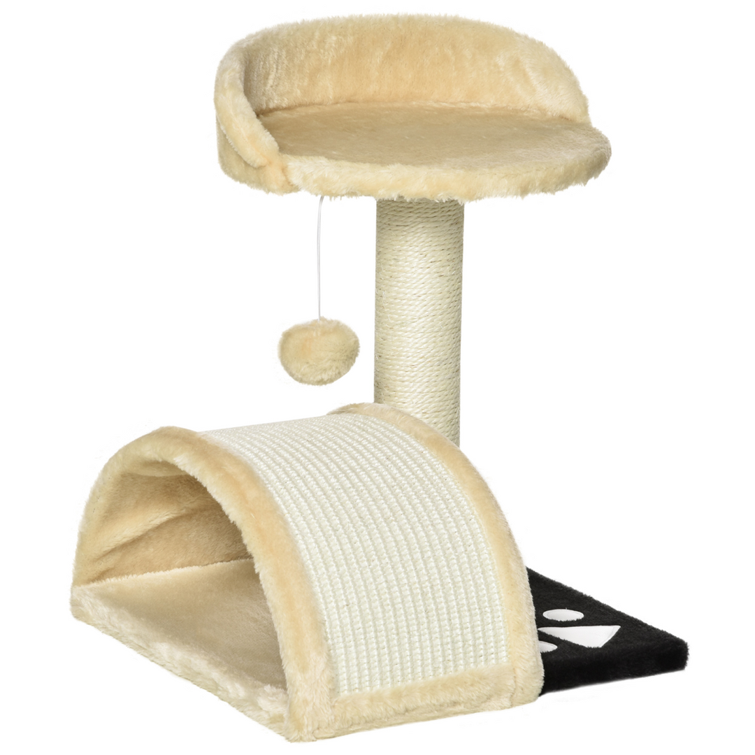 PawHut Cat Tree with Sisal Scratching Posts – Beige Multi-Level Cat Tower with Curved Scratching Board & Toy Ball
