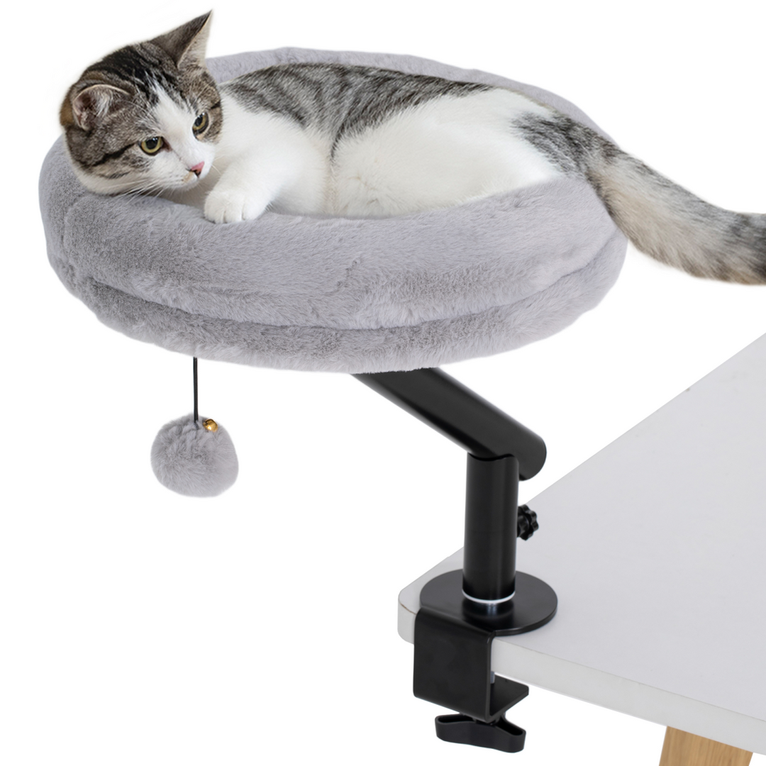 PawHut 360° Rotatable Cat Hammock with Desk Clamp – Grey &amp; Black