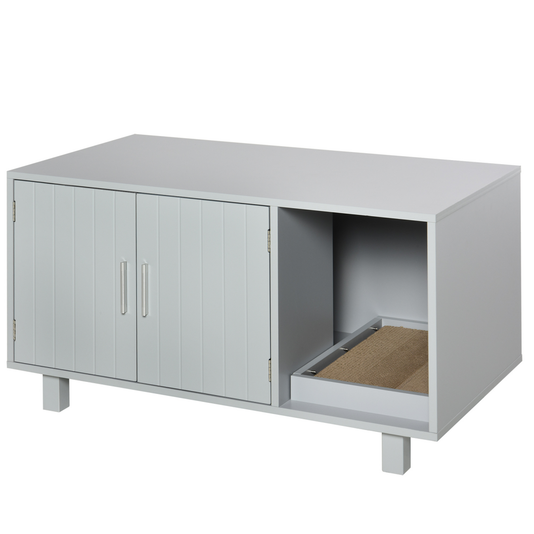Indoor Feline Cat Box Furniture Kitty Table w/ Scratch & Magnetic Doors, Grey