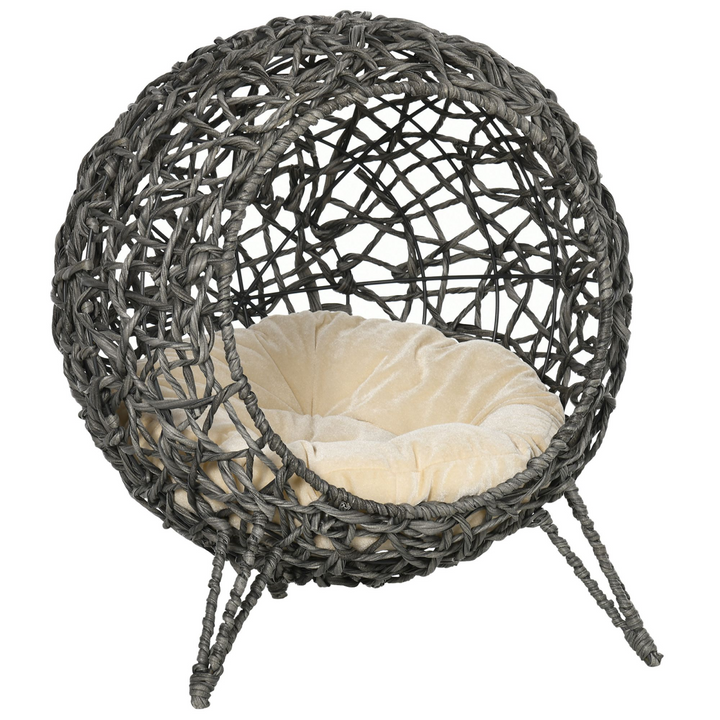 PawHut Rattan Elevated Cat House with Cushion – Silver-Tone & Grey (Ø52cm)
