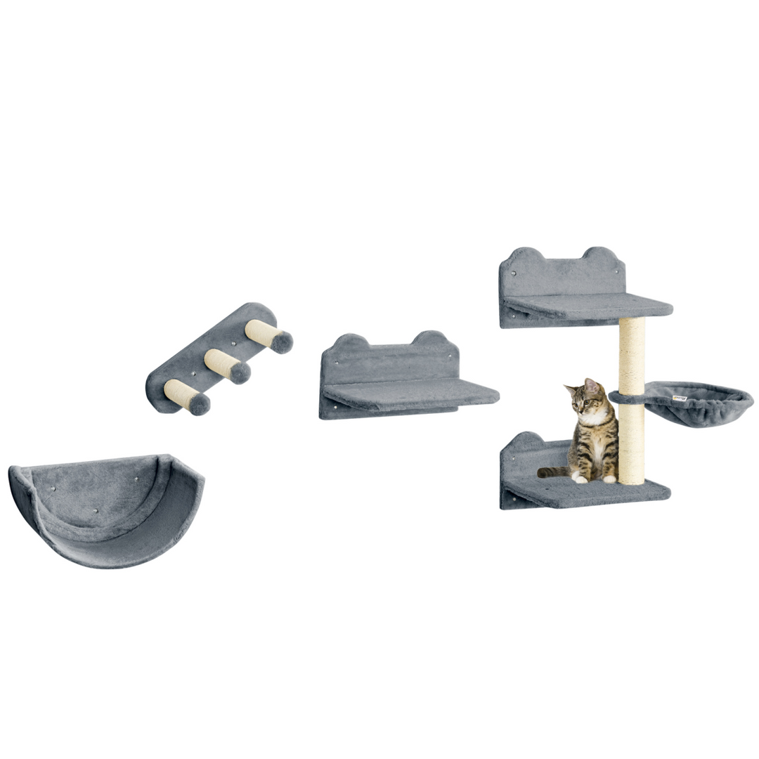 PawHut 4PCs Wall Mounted Cat Tree Cat Wall Shelves W/ Scratching Post Grey