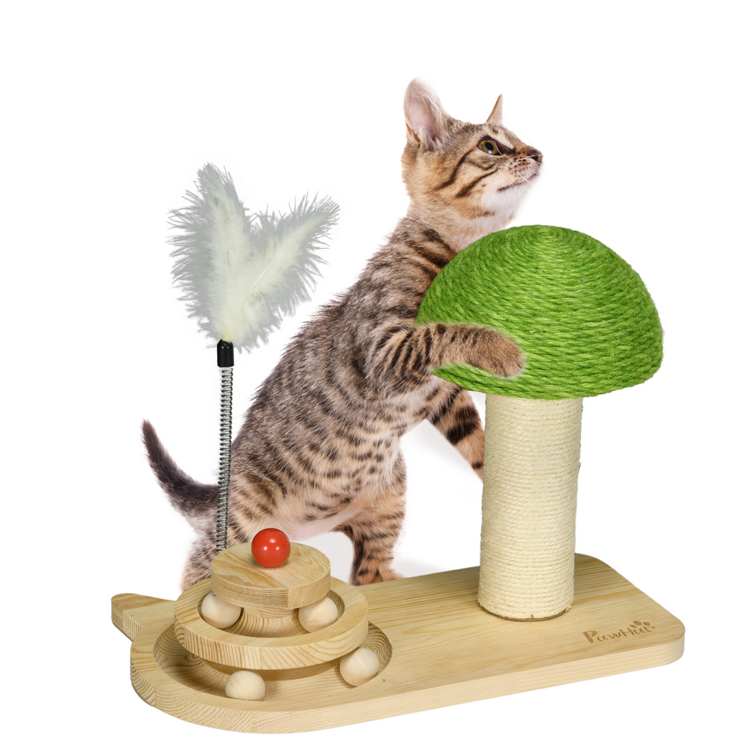 PawHut Playful Mushroom Cat Scratching Post with Interactive Toy Balls