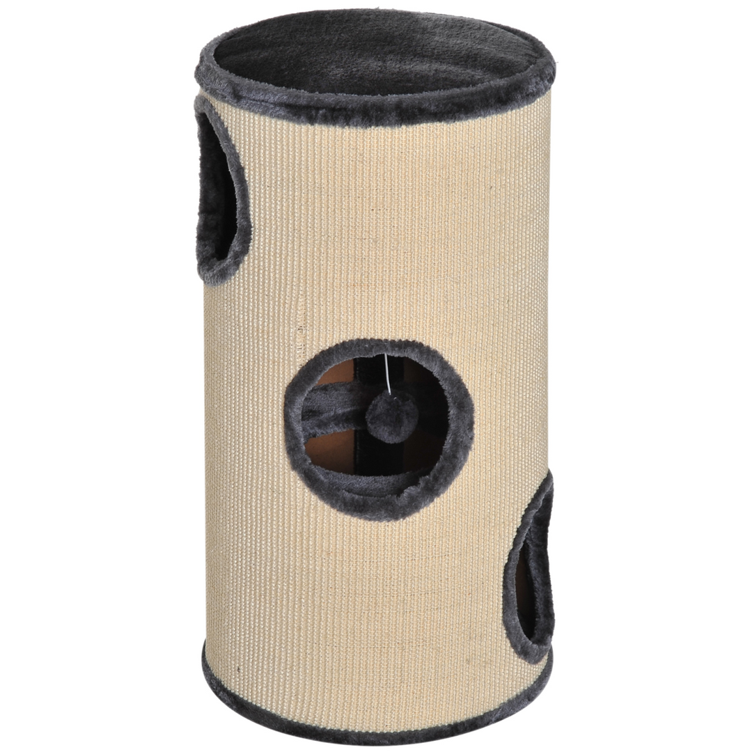 PawHut Cat Scratching Barrel with Sisal &amp; Observation Deck – 3 Dens Activity Centre