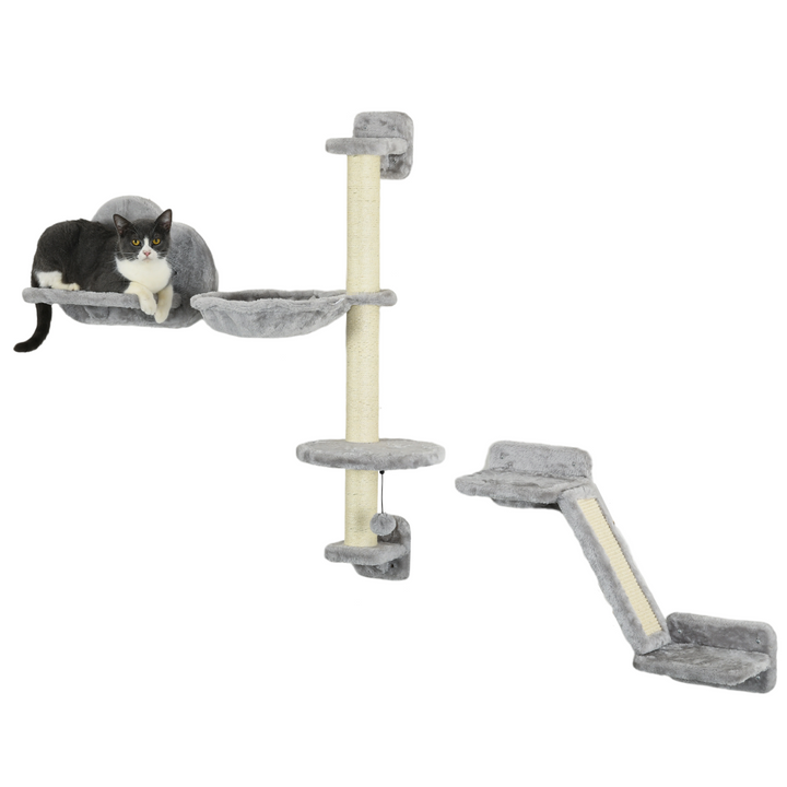PawHut 4-Piece Grey Wall-Mounted Cat Furniture Set with Hammock, Ladder & Scratching Post
