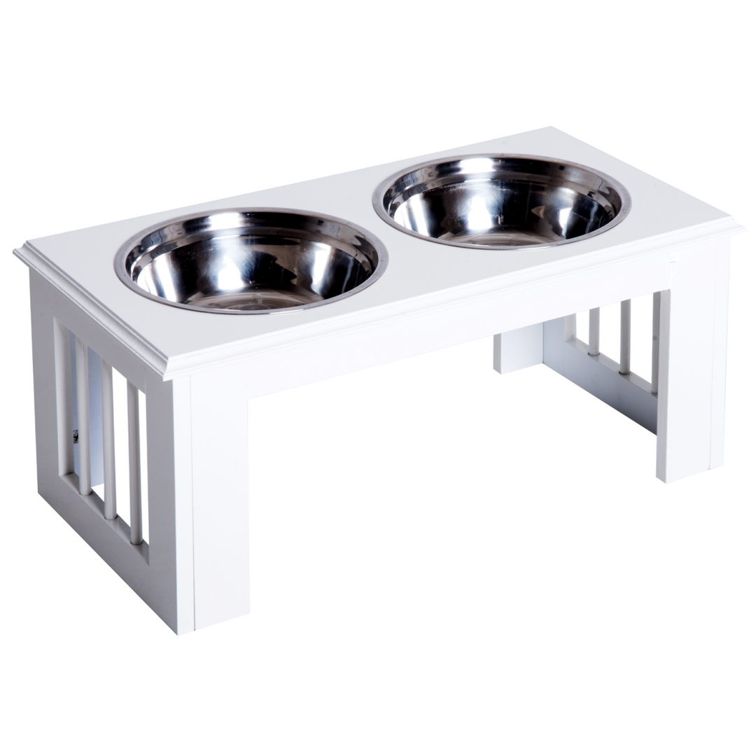 PawHut Raised Pet Feeder with Elevated Stand & 2 Stainless Steel Bowls – White (58.4cm)