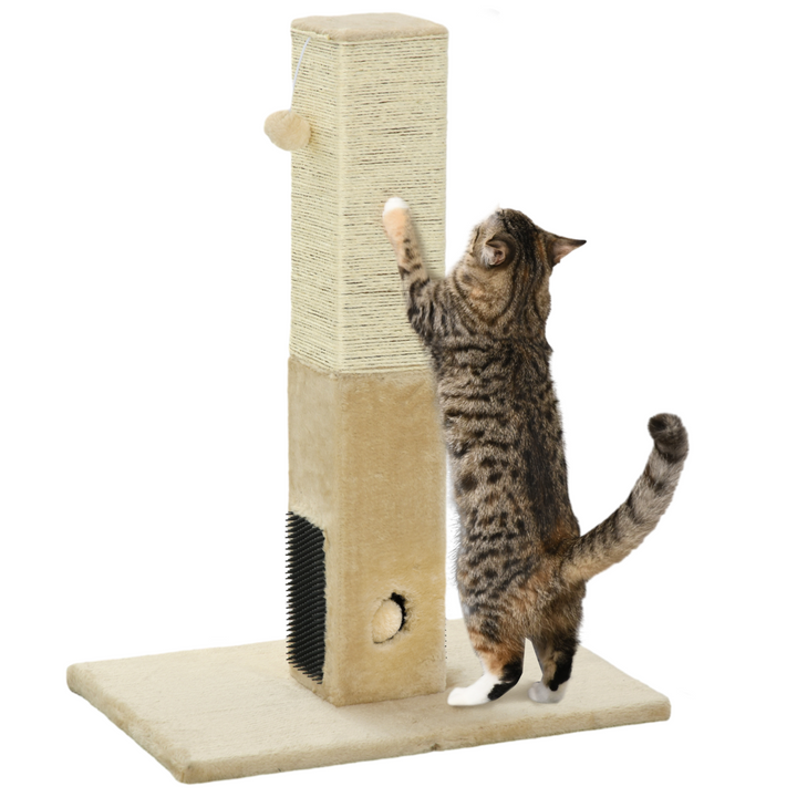 PawHut Premium Cat Scratching Post with Plush Base, Self-Grooming Brush & Hanging Toy – Beige Cat Climber Tower