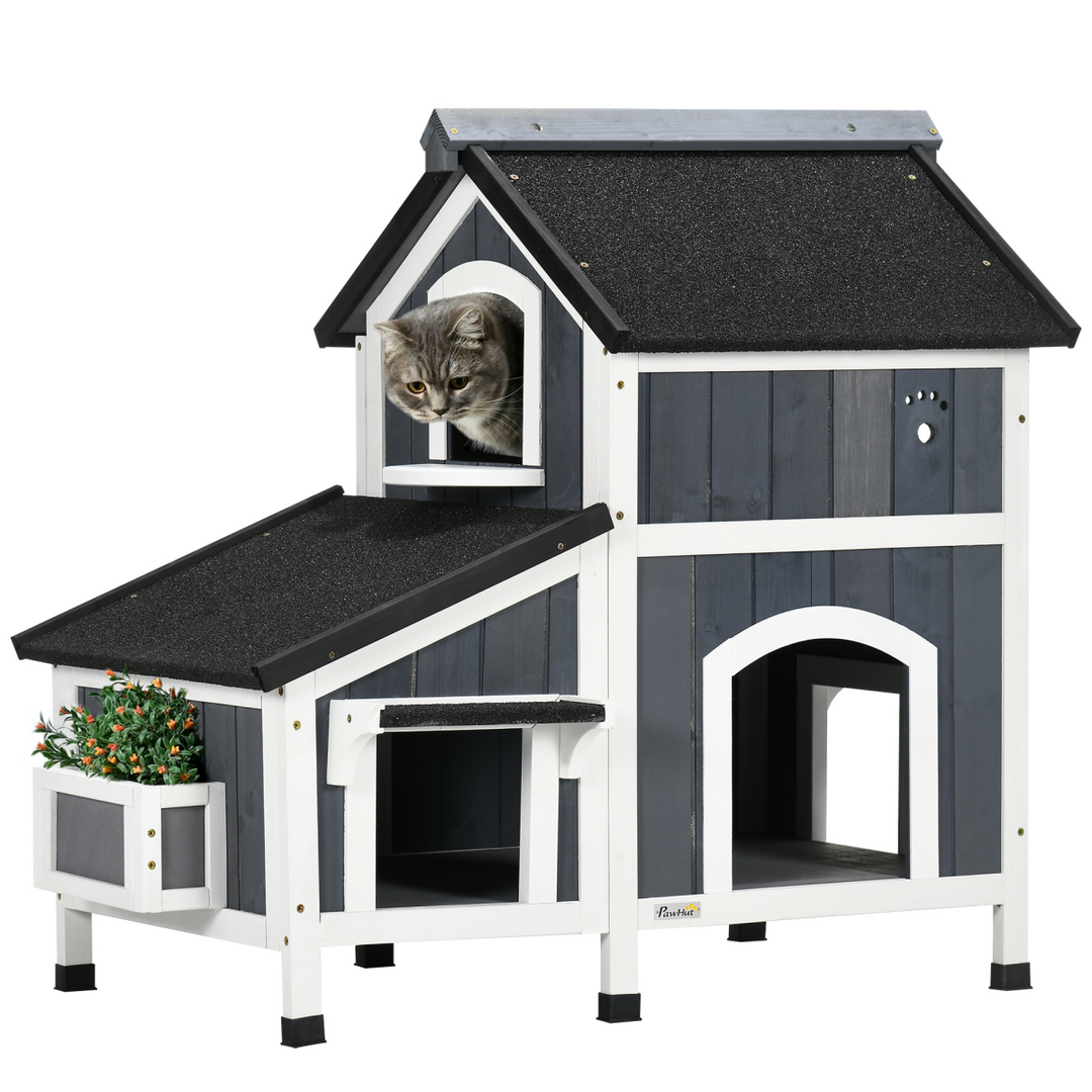PawHut Wooden Outdoor Cat House with Flower Pot, Window &amp; Multiple Entrances – Grey