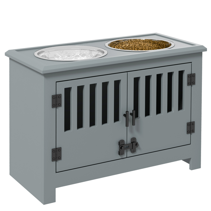 PawHu Raised Dog Bowls Feeding Station with Storage Cabinet &amp; 2 Stainless Steel Bowls – Grey