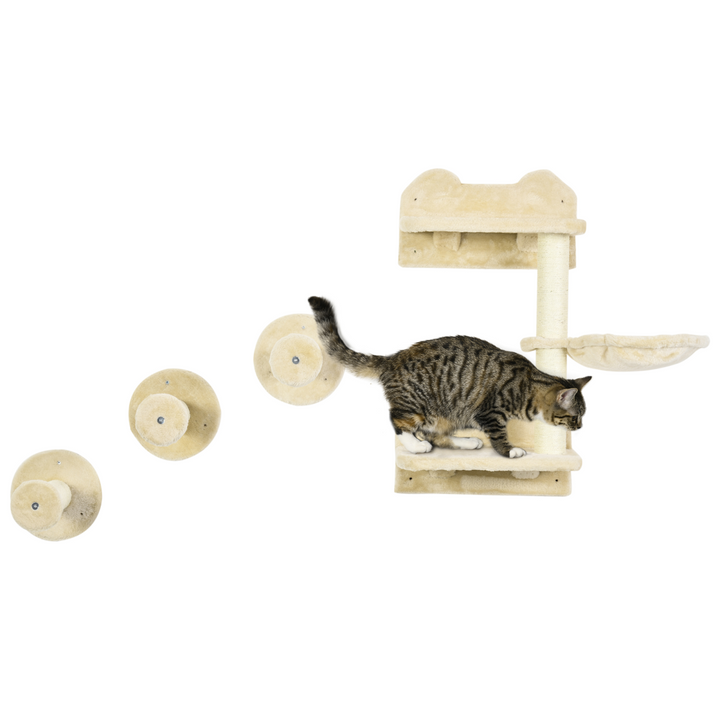 4-Piece Wall-Mounted Cat Tree with Scratching Post & Hammock – Beige Cat Climbing Shelf Set