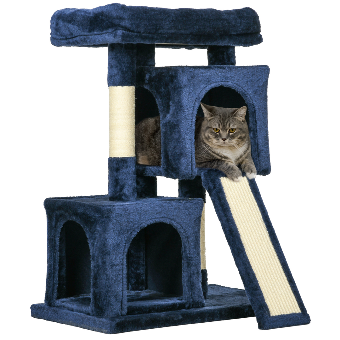 Navy Blue Luxury Cat Tree with 2 Houses & Scratching Posts – Perfect Play & Rest!
