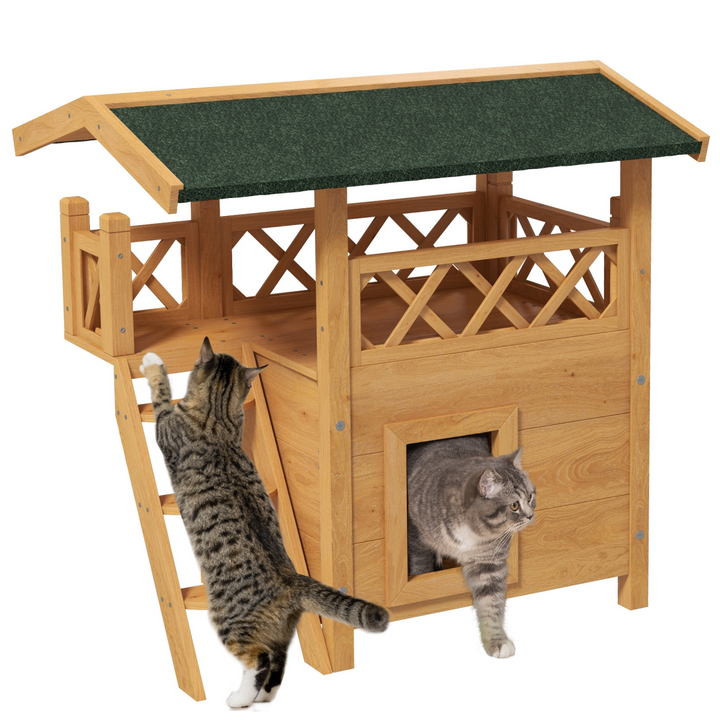 PawHut Cozy Outdoor Cat House with Balcony & Weatherproof Roof