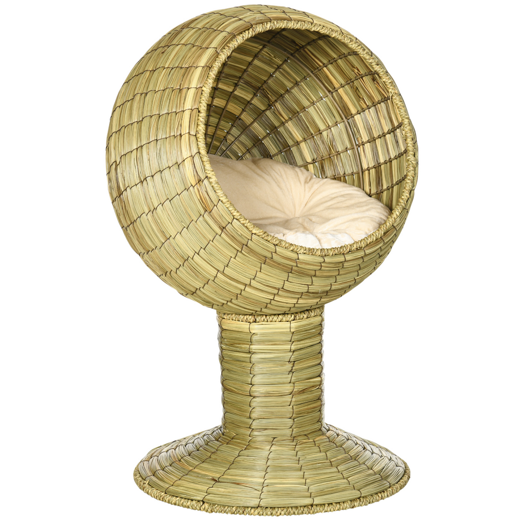 PawHut Raised Cat House with Cushion – Wicker Elevated Cat Bed with Detachable Nest
