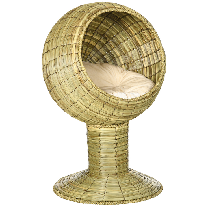 PawHut Raised Cat House with Cushion – Wicker Elevated Cat Bed with Detachable Nest