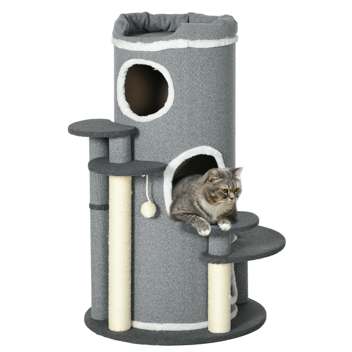 PawHut Cozy Barrel Cat Tree: Stylish Scratching Post & Plush Lookout - Grey