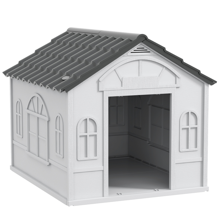 PawHut Grey Weather-Resistant Dog House - Cozy Shelter for Medium Dogs